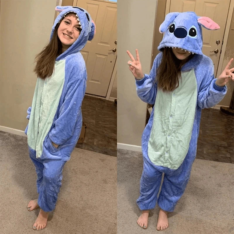 Anime Stitch Cosplay Pajamas Anime Stitch Angel Cute Costume Jumpsuit Pajamas Hooded Sleepwear Christmas Costume for Men Women