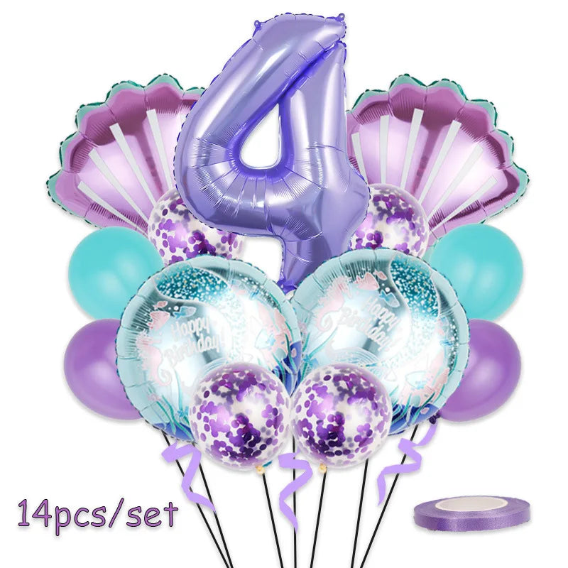 Mermaid Birthday Balloons Set 32inch Purple Number Shell Foil Ballon Girls Happy Little Mermaid 1st 2nd 3rd 4th Birthday Balloon
