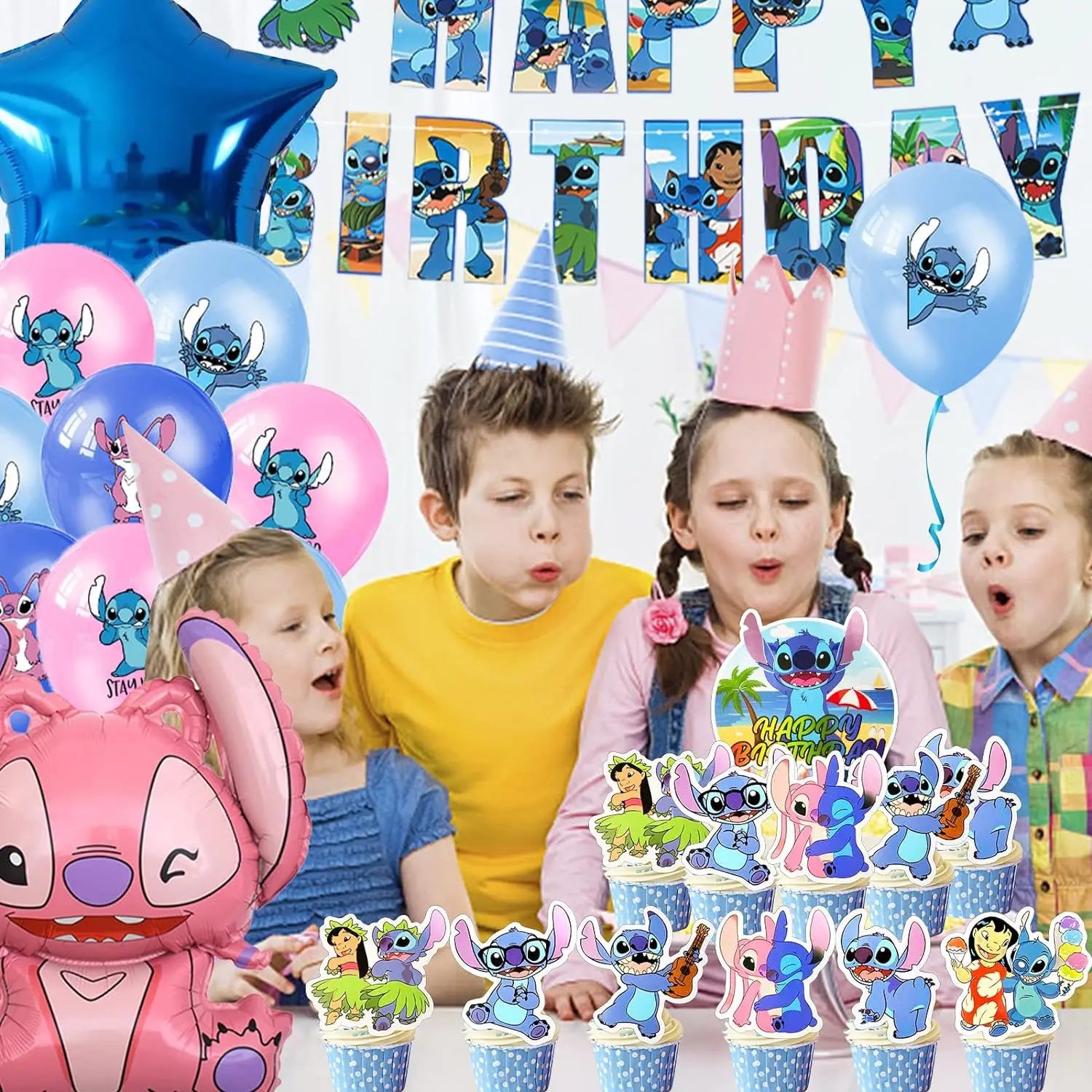 Lilo & Stitch Cartoon Anime Theme Birthday Scene Decoration Supplies Party Decorations,Banners,Balloons,Flag Pulling Party Set
