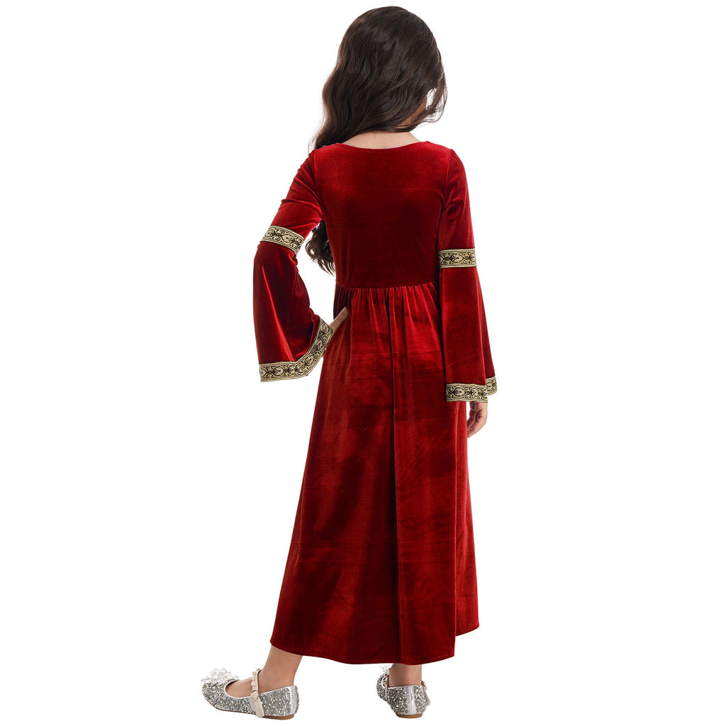 Kids Girls Medieval Renaissance Princess Costume Velvet Long Flare Sleeve Vintage Dress Gown Carnival Party Cosplay Dress Up