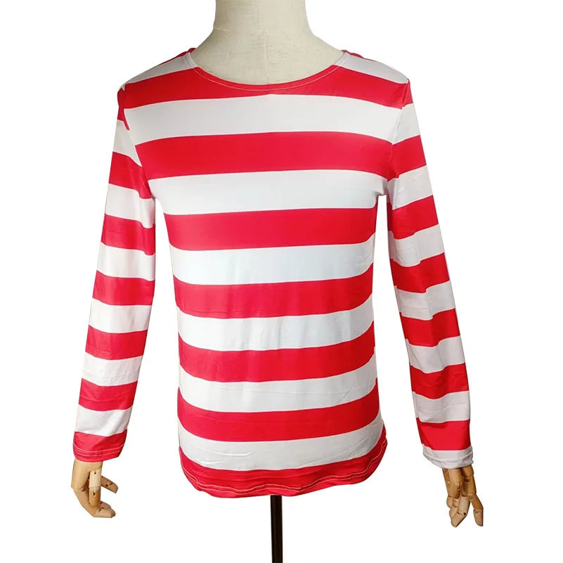 Classic Wheres Waldo Red White Striped Shirt for Men Wally Round Glasses and Hat Costume Set Unisex Halloween Cosplay Outfit