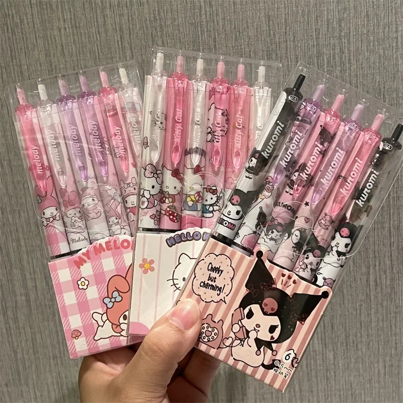 Sanrio 6pcs Series Gel Pen 0.55mm Refill Hello Kitty Y2k Cinnamoroll Kuromi MelodyCartoon Press Pen Black Stationery Supplies