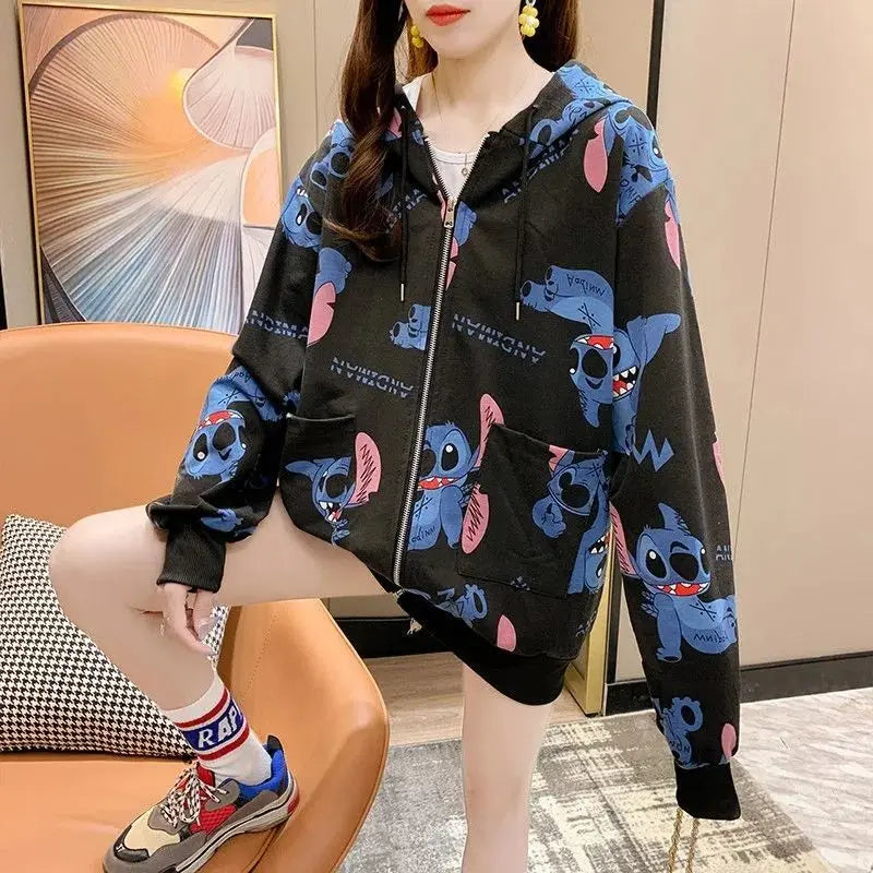 New Lilo and Stitch Hooded Sweatshirt Kawaii Women's Loose Top Thin Design Anime Printed Accessories Cartoon Cardigan Jacket