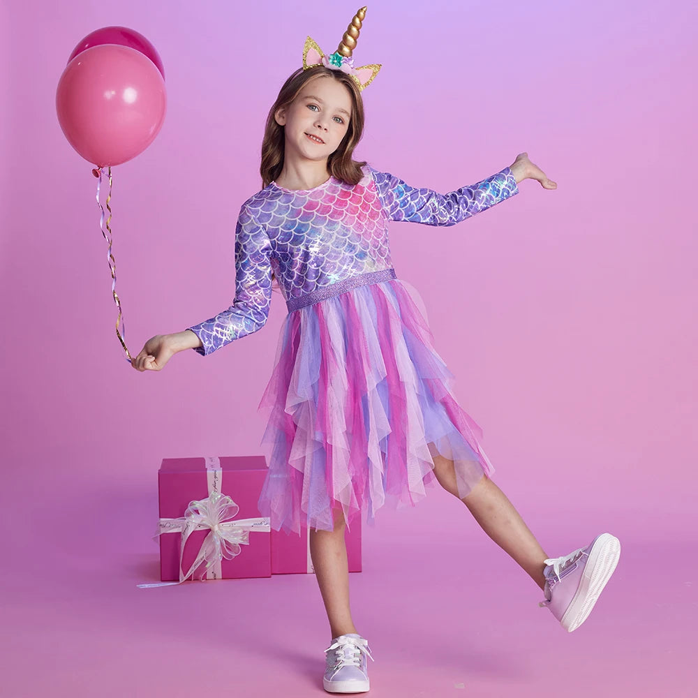 DXTON Autumn Princess Dress Mermaid Children Birthday Party Girls Dress Irregular Layered Prom Kids Long Sleeve Costumes 3-8Y