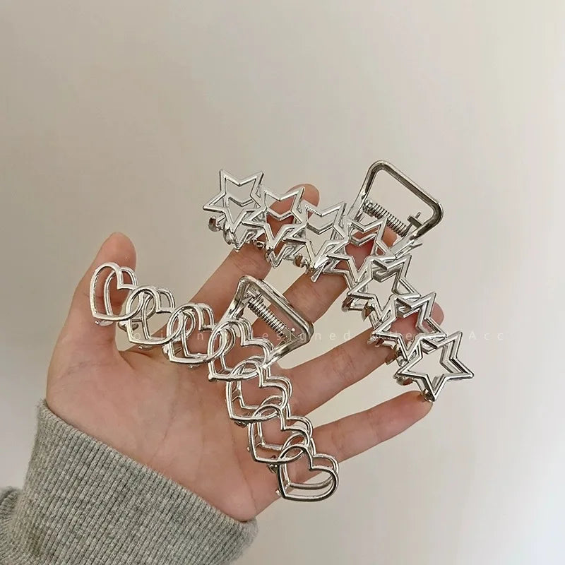 Hollow Star Hair Claws for Women Y2K Sweet Silver Pentagram Heart Cool Girls Charm Trend Hair Clip Aesthetics Hair Accessories