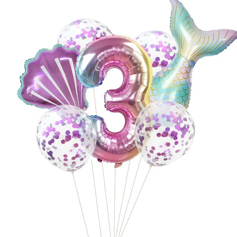 7 Pcs Little Mermaid Shell Balloons 32inch Number Foil Balloon Kids Birthday Party Decoration Supplies Baby Shower Decor Globos