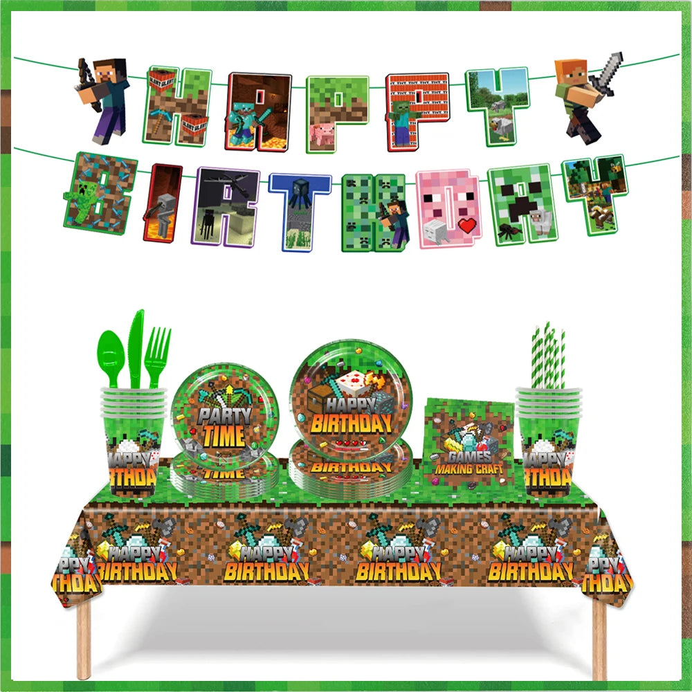 Miner Crafting Pixel Video Game Party Decor Disposable Tableware Backdrop For Kids Party Supplies Cup Plate Banner Toy Gifts