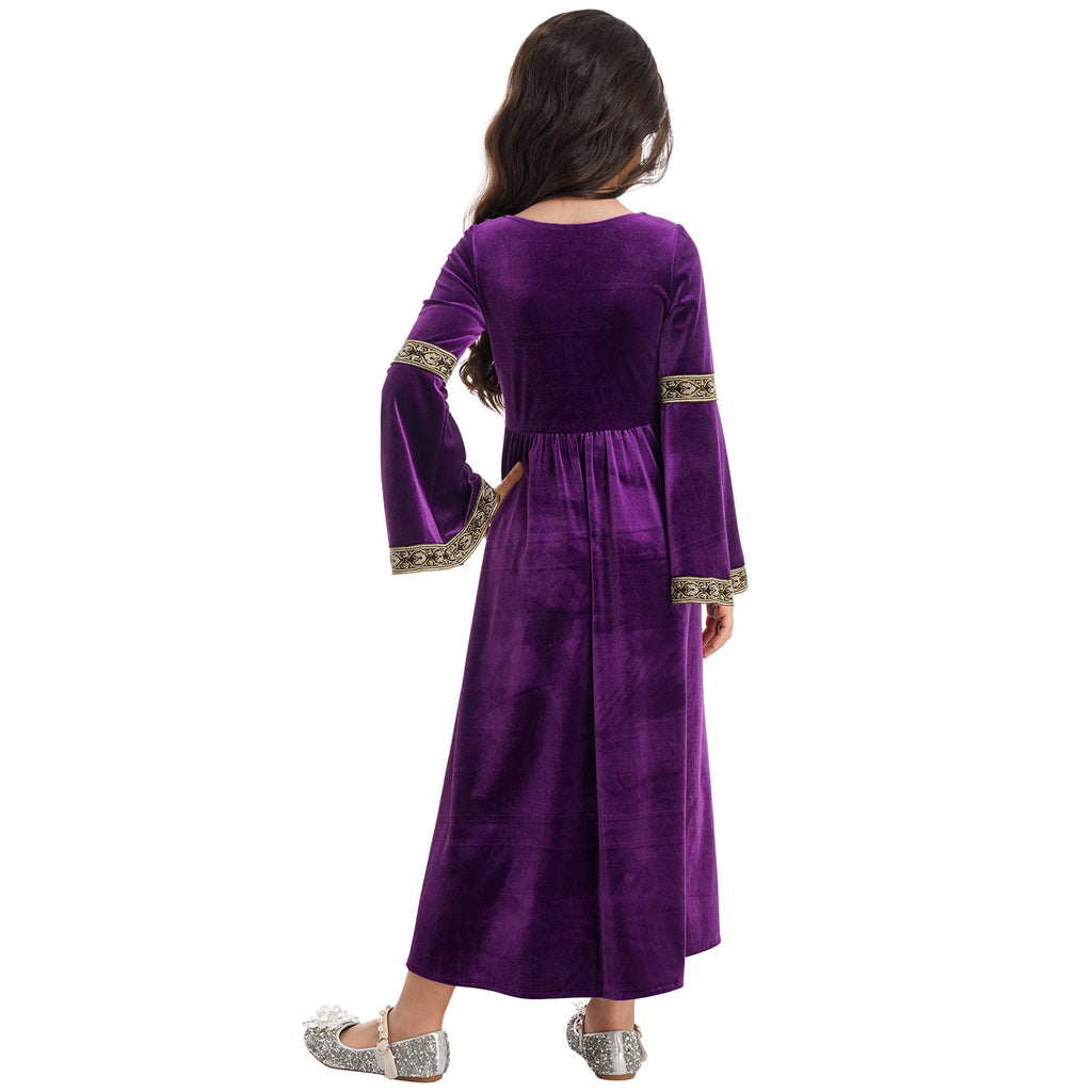 Kids Girls Medieval Renaissance Princess Costume Velvet Long Flare Sleeve Vintage Dress Gown Carnival Party Cosplay Dress Up