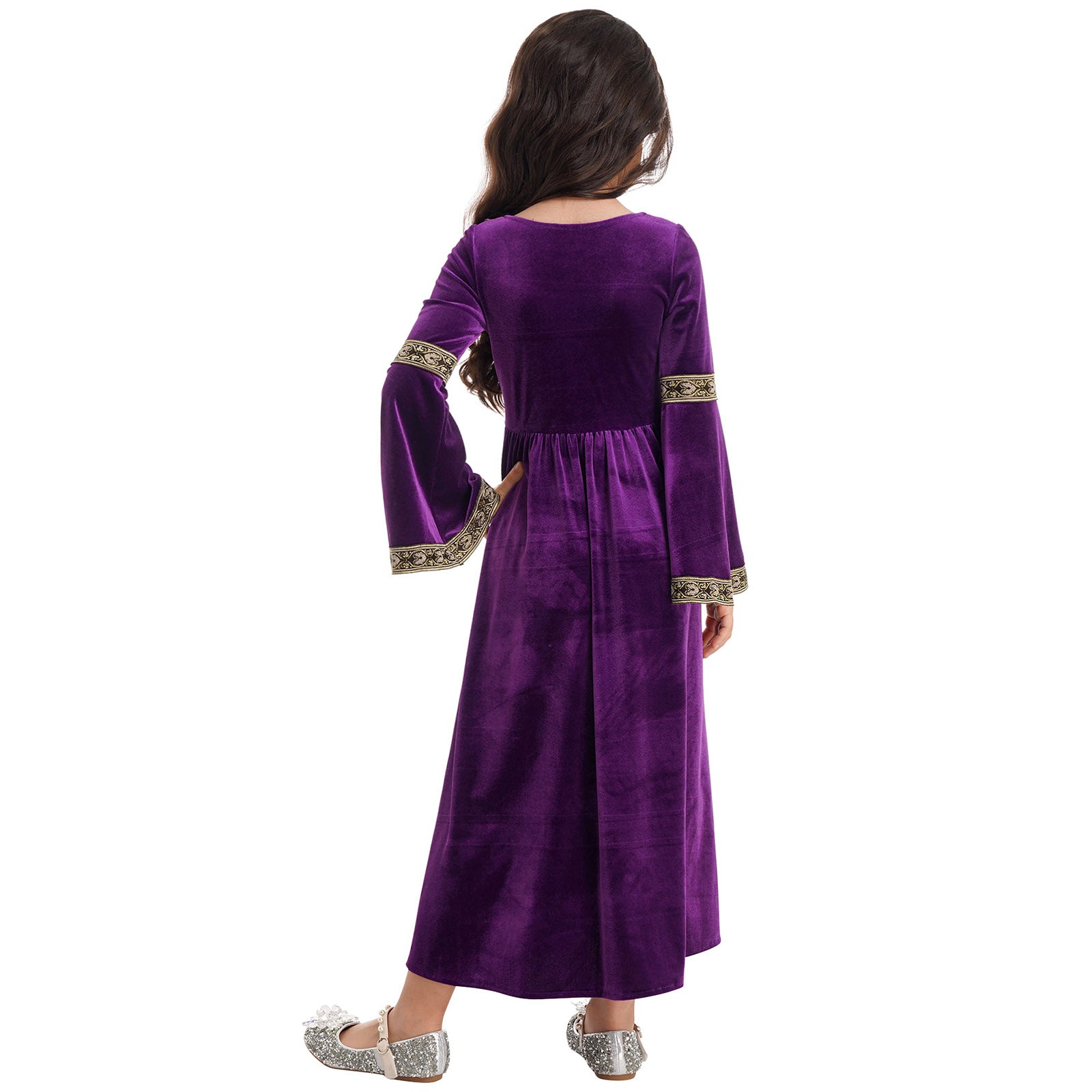 Kids Girls Medieval Renaissance Princess Costume Velvet Long Flare Sleeve Vintage Dress Gown Carnival Party Cosplay Dress Up