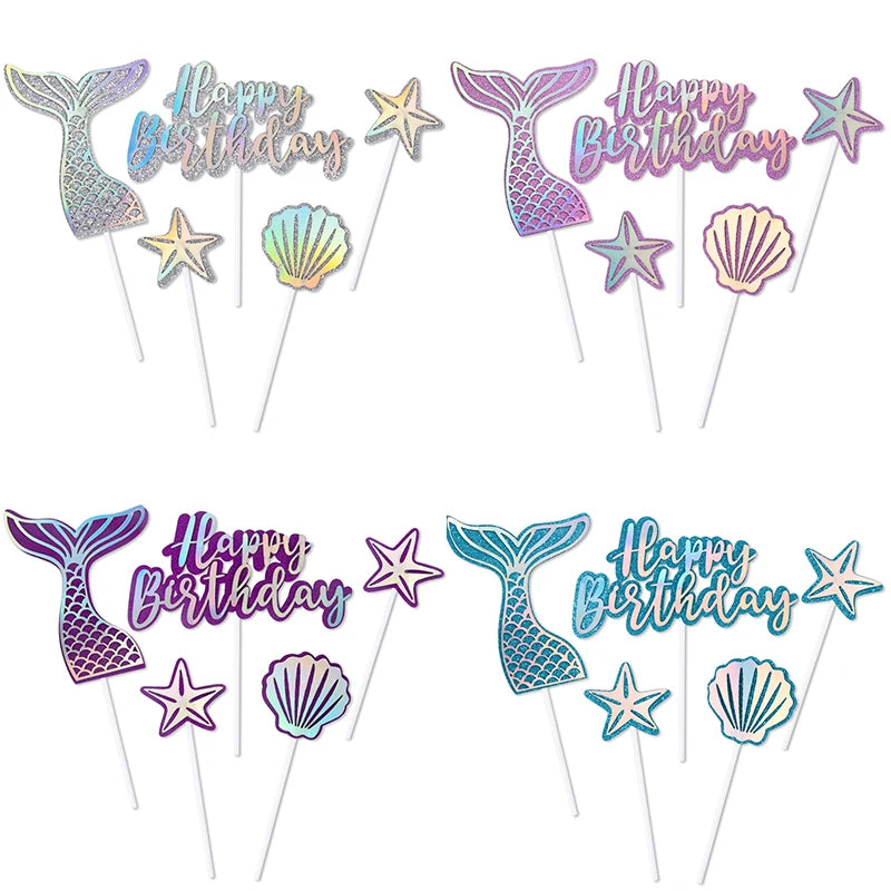 Mermaid Party Cake Decor Glitter Shell Starfish Mermaid Tail Cake Topper Under the Sea Girls 1st 2th Birthday Cupcake Topper