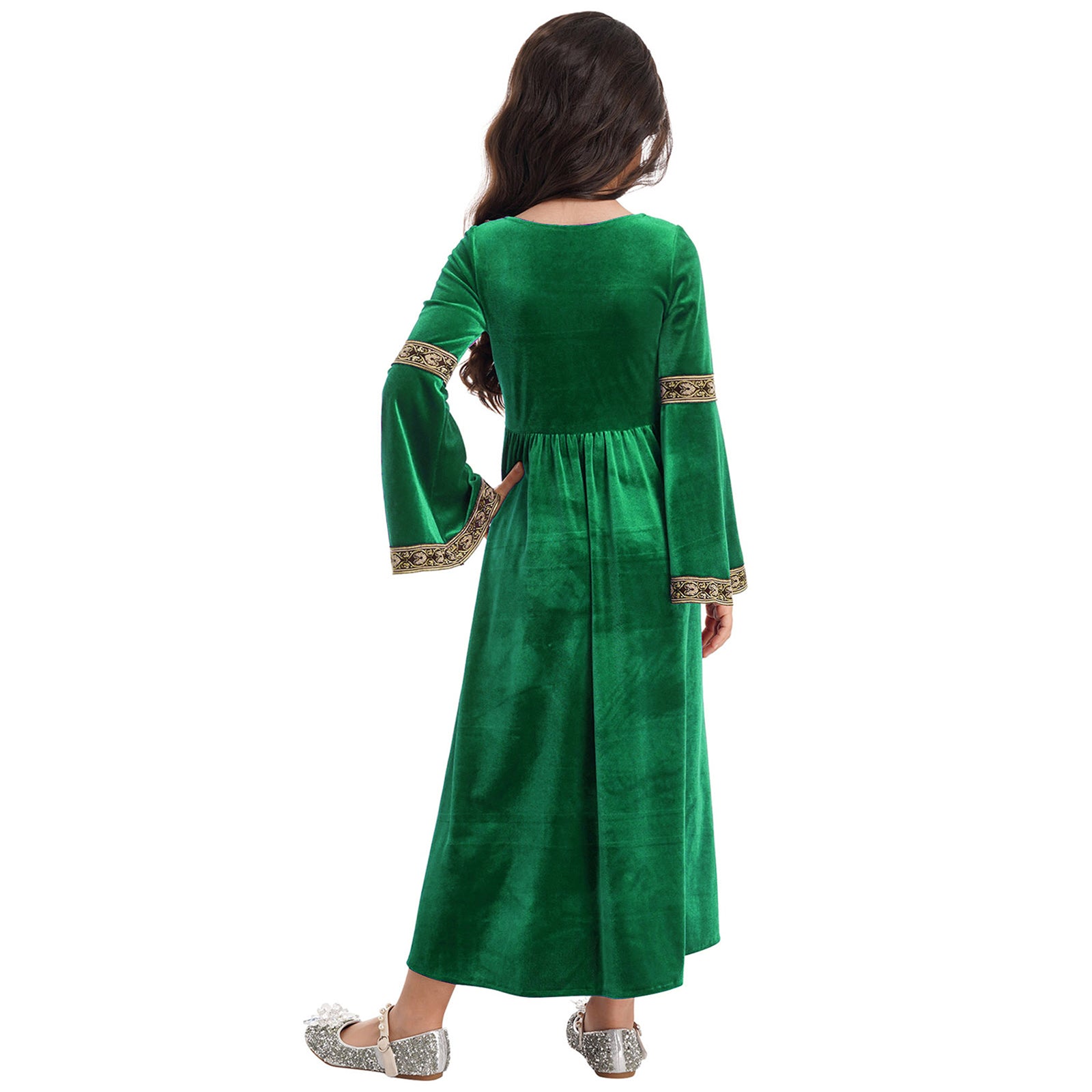 Kids Girls Medieval Renaissance Princess Costume Velvet Long Flare Sleeve Vintage Dress Gown Carnival Party Cosplay Dress Up