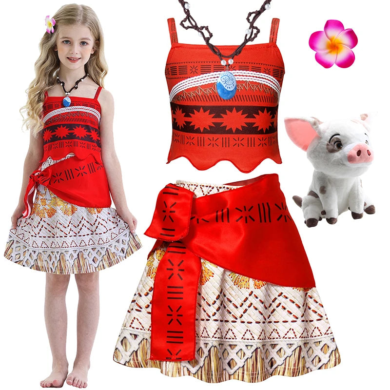 Moana New Dress Girls Princess Clothes Kids Dress Up Vaiana Necklace Pig Chick Children Carnival Party Summer Costume Set 2-10T