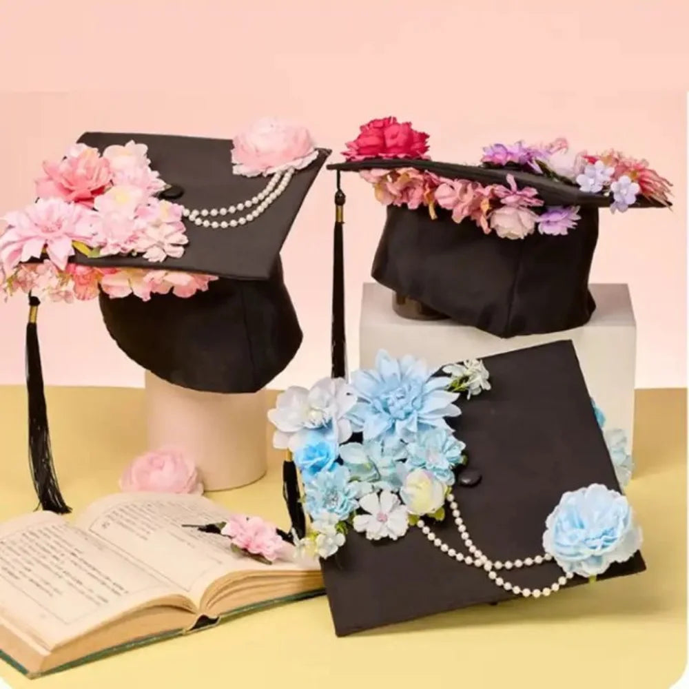 Trencher Cap DIY Flowers Graduation Cap Mortar Board Adjustable Kids Academic Hat with Tassels Bachelor Charm Ornament