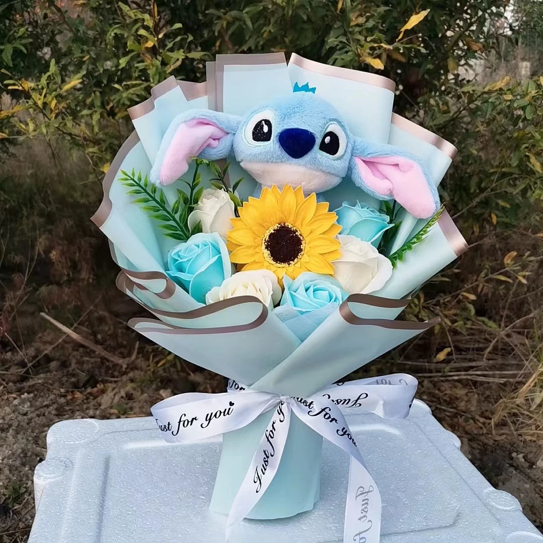 Lilo&Stitch Plush Bouquet Toy Christmas Gift Purple Blue Stuffed Rose Flower Soft Cute Cartoon Doll Valentine Graduation Gifts