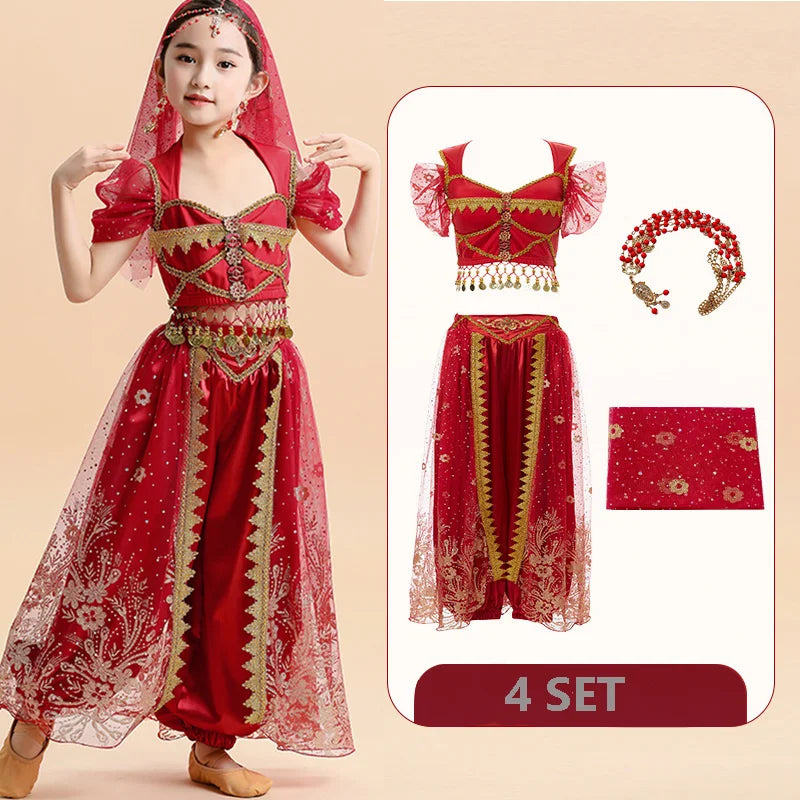  Kids India Princess Belly Dance Set Oriental Indian Dance Sari Girl Performance Costume Bollywood Children Stage Outfit