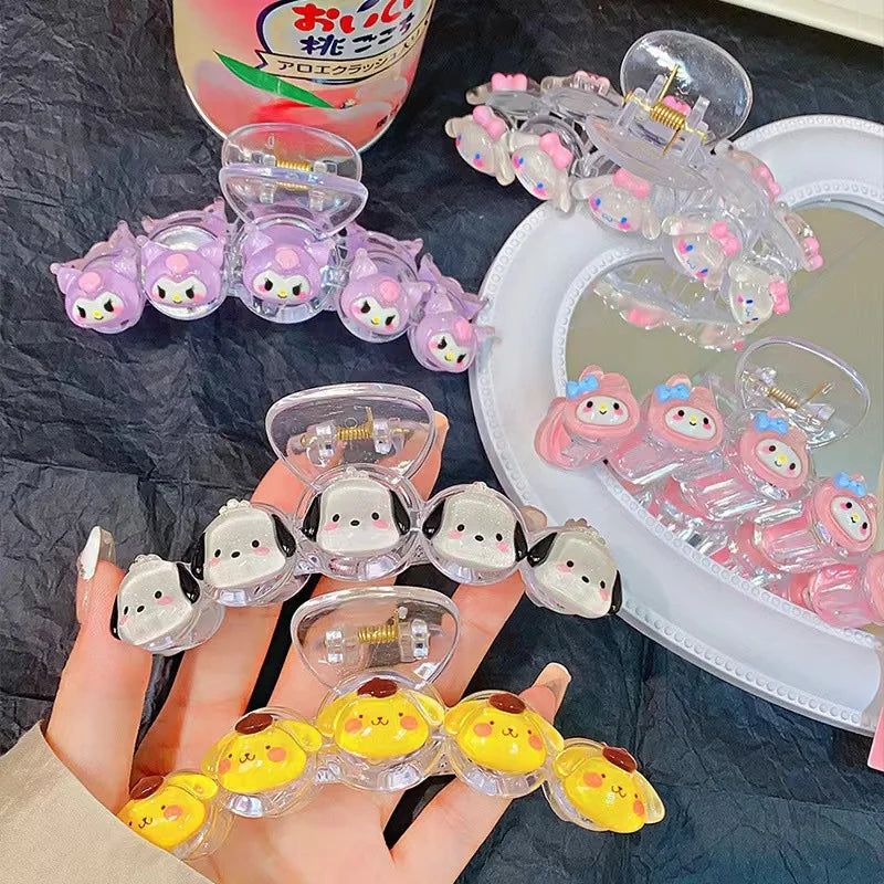 Sanrio Japanese Glitter Hair Claws Crystal Clear Ponytail Clips with Anime Charm Kawaii Hair Accessories Non-Slip Barrettes