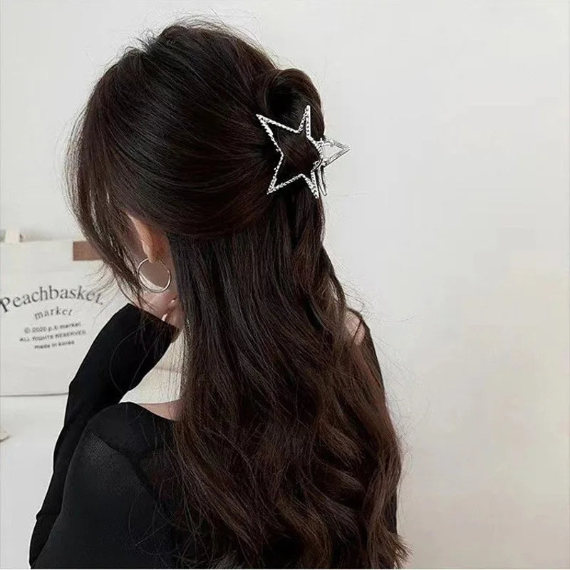 Hollow Star Hair Claws for Women Y2K Sweet Silver Pentagram Heart Cool Girls Charm Trend Hair Clip Aesthetics Hair Accessories