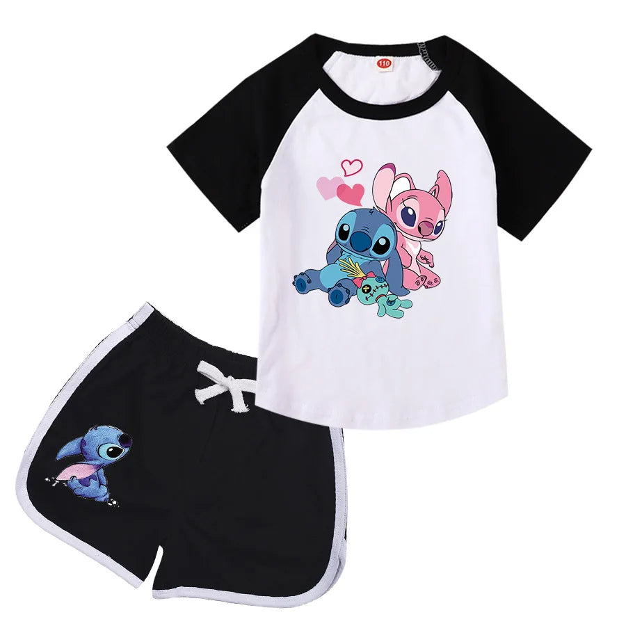 Lilo And Stitch Kids Costume Girls Casual Outfits Boys Short Sleeves T-shirt Shorts 2 Pcs Sets Girls Casual Sportswear