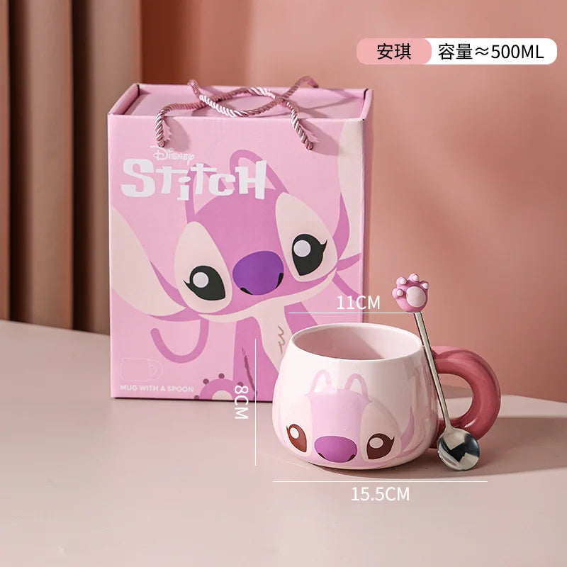 Kawaii Stitch Angel Mug Gift Box Cartoon Spoon Ceramic Cup Coffee Cup Large Capacity 500Ml Handle Water Cup Birthday Gift