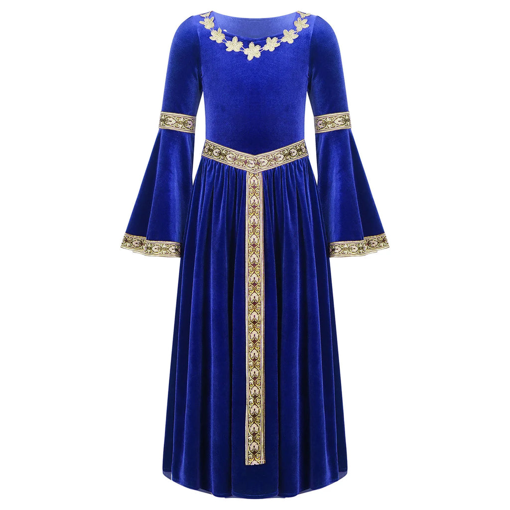 Kids Girls Medieval Renaissance Princess Costume Velvet Long Flare Sleeve Vintage Dress Gown Carnival Party Cosplay Dress Up