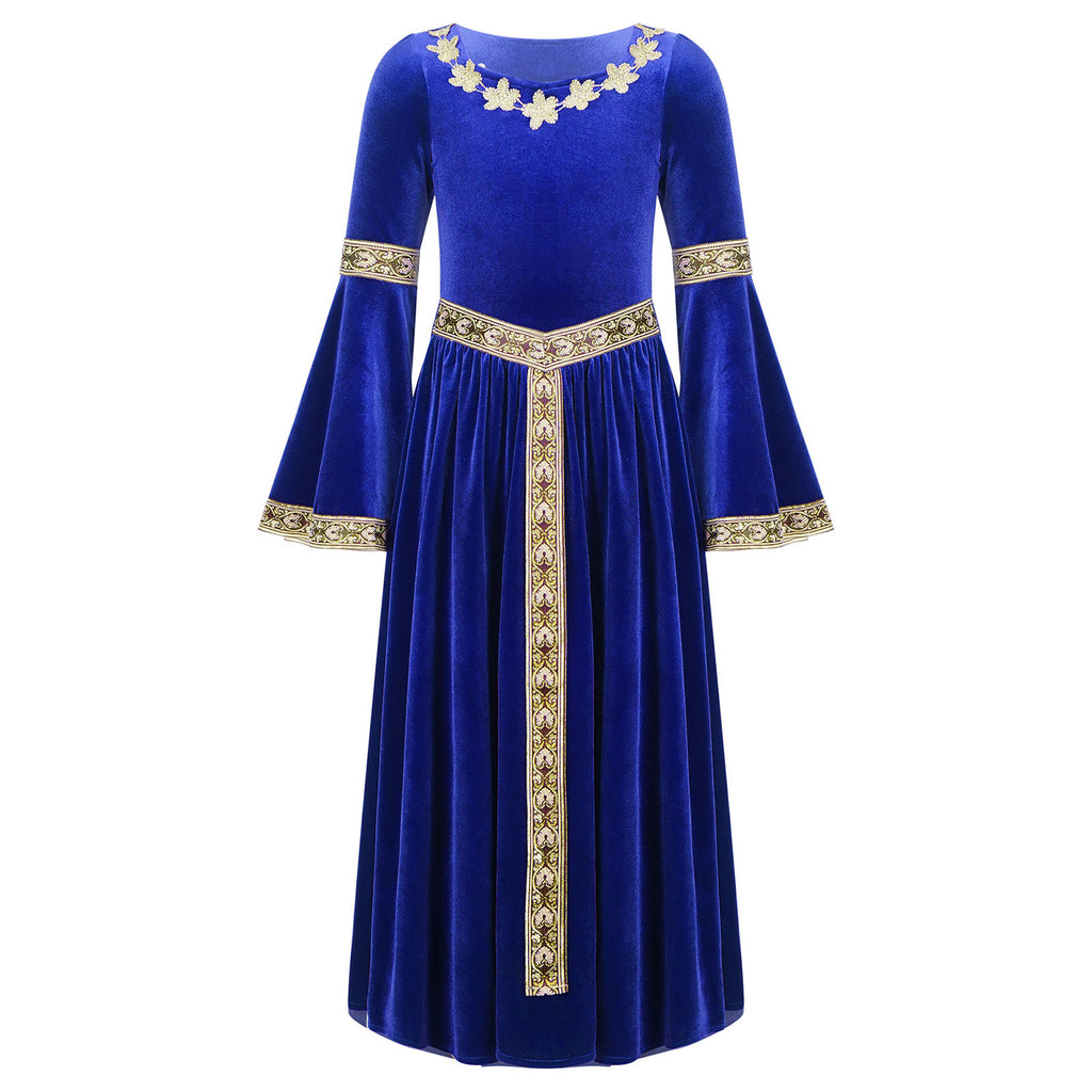 Kids Girls Medieval Renaissance Princess Costume Velvet Long Flare Sleeve Vintage Dress Gown Carnival Party Cosplay Dress Up