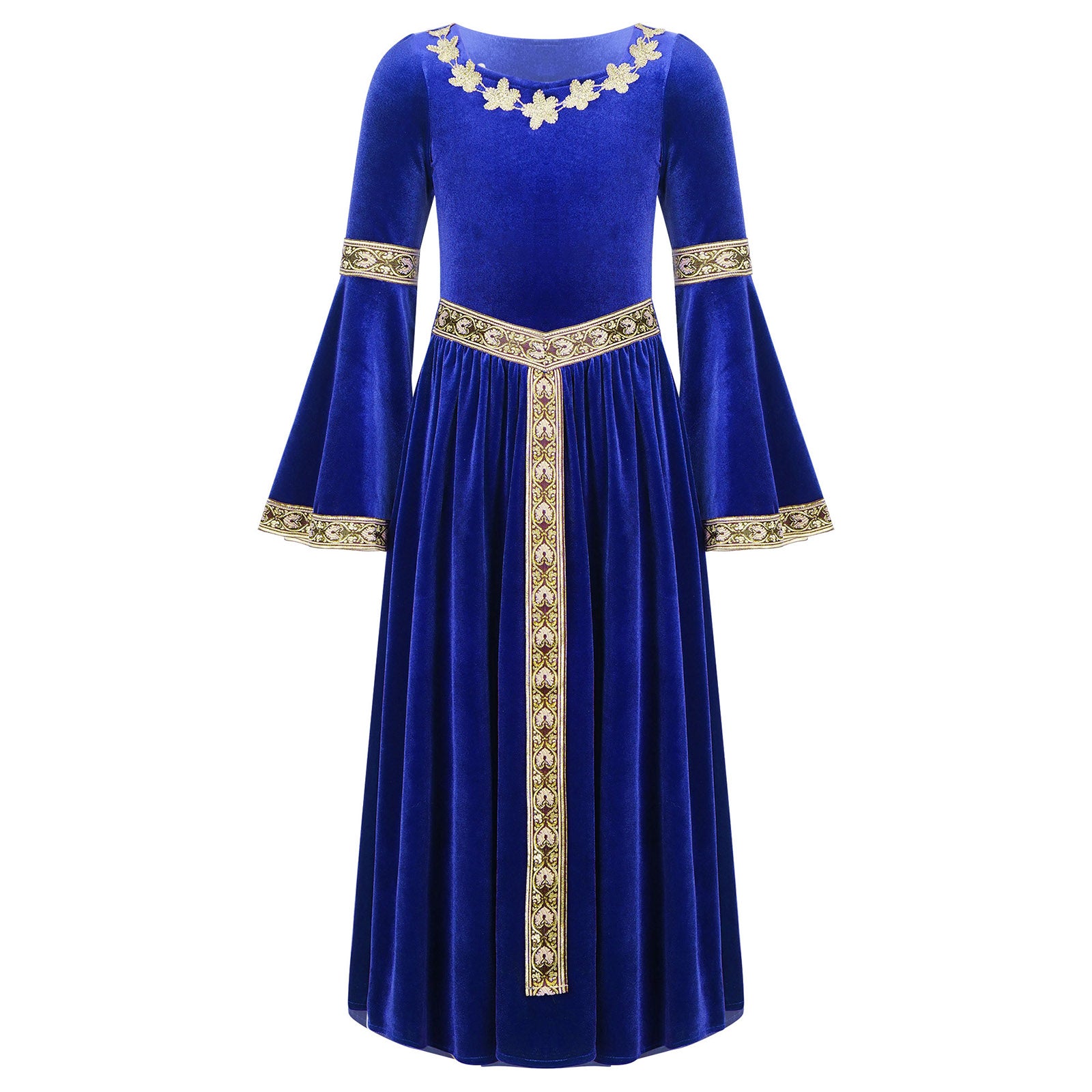 Kids Girls Medieval Renaissance Princess Costume Velvet Long Flare Sleeve Vintage Dress Gown Carnival Party Cosplay Dress Up