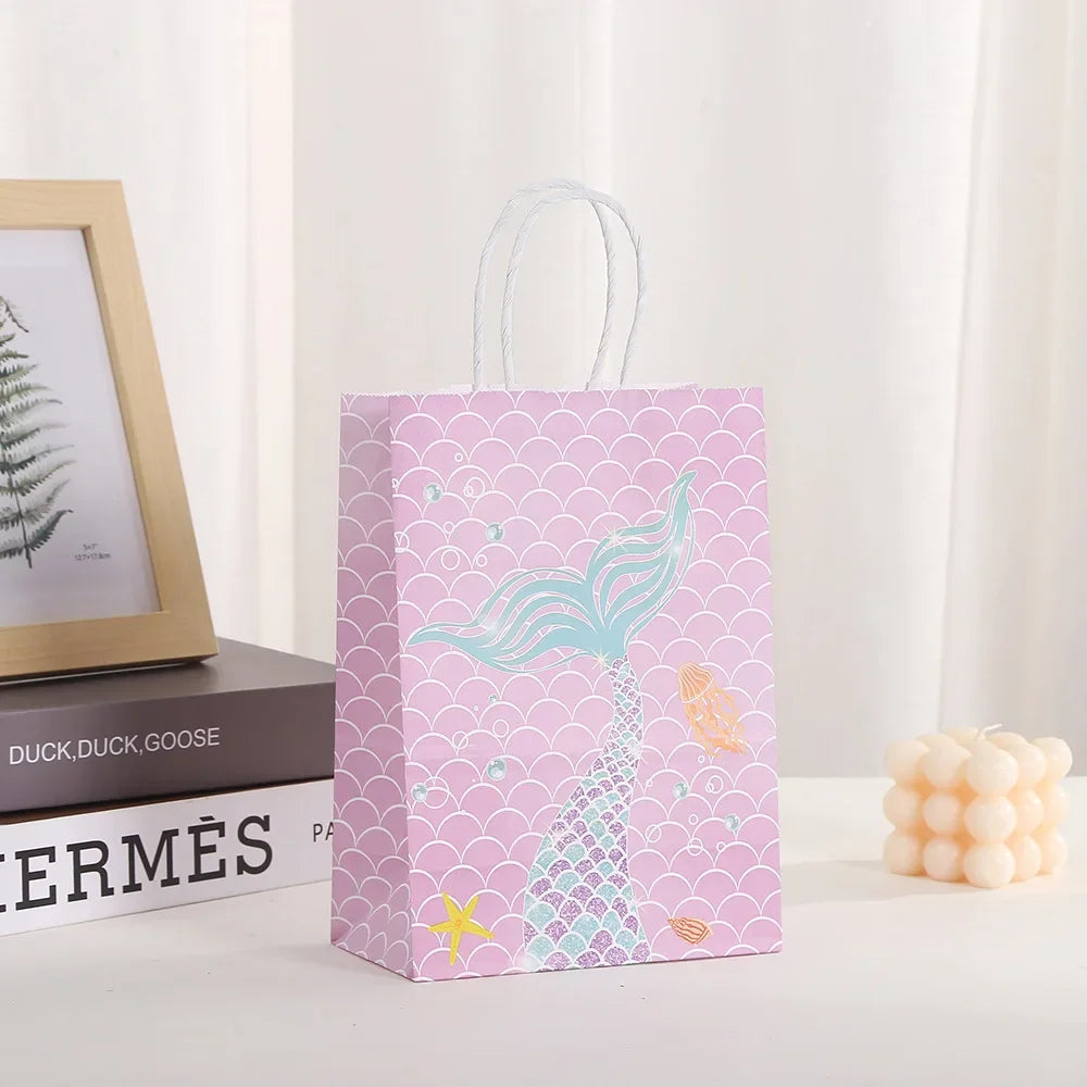 6Pcs Cartoon Ocean Theme Paper Gift Packing Bags Mermaid Shell Candy Cookie Bag for Girl Birthday Baby Shower Party Decoration
