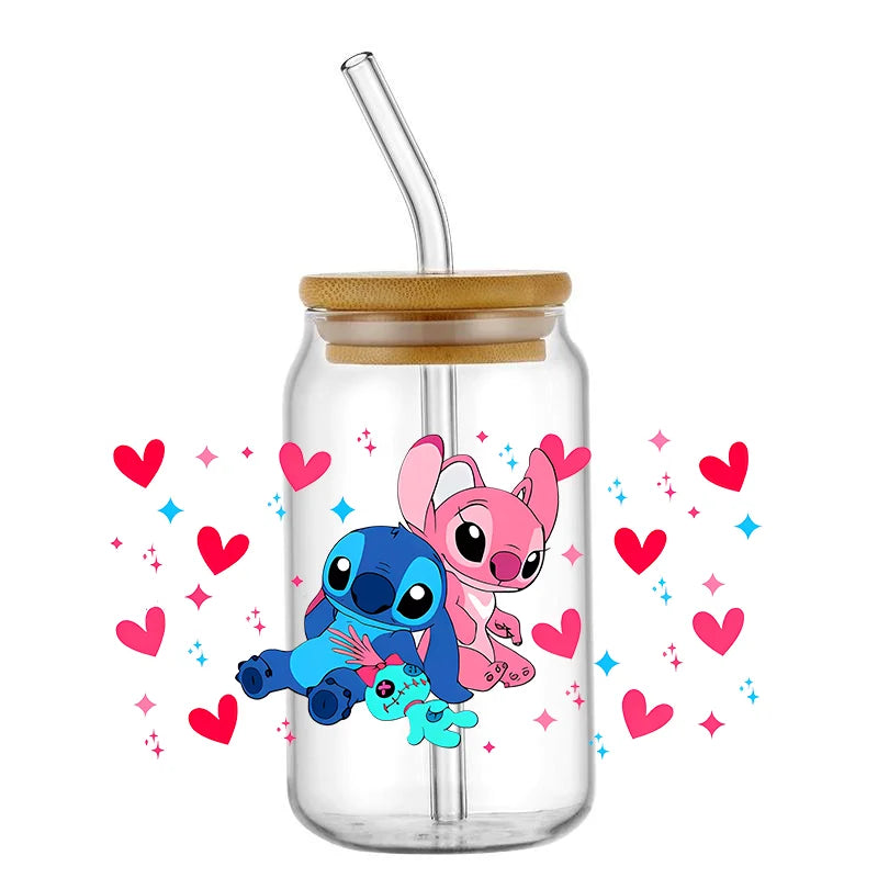 UV DTF Cup Mug Wraps Miniso Lovely Cartoon stitch 3D Transfer Sticker for 16oz Libbey Glasses  Cup Waterproof  DIY Sticker