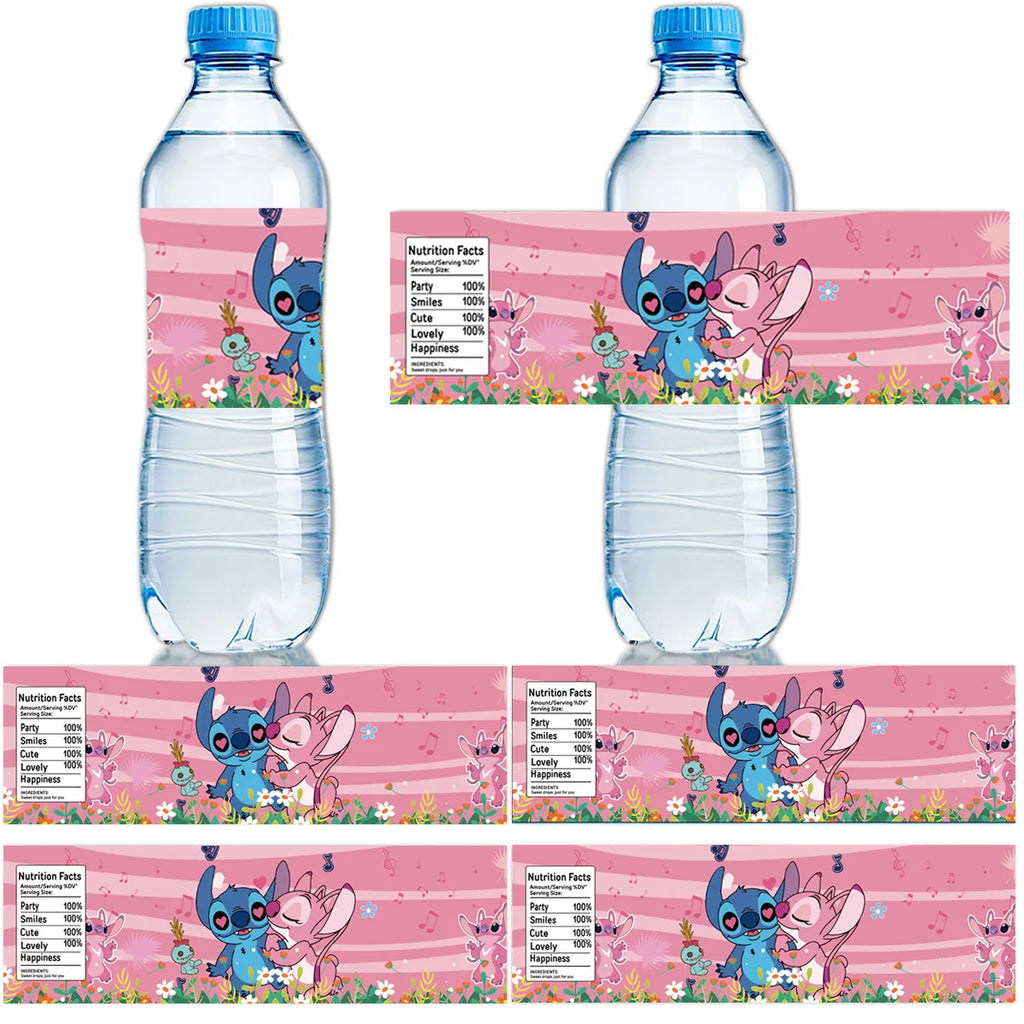 10pcs Lilo and Stitch Water Bottle Label Birthday Decoration Party Supplies Waterproof Stickers for Boys Girls Baby Shower