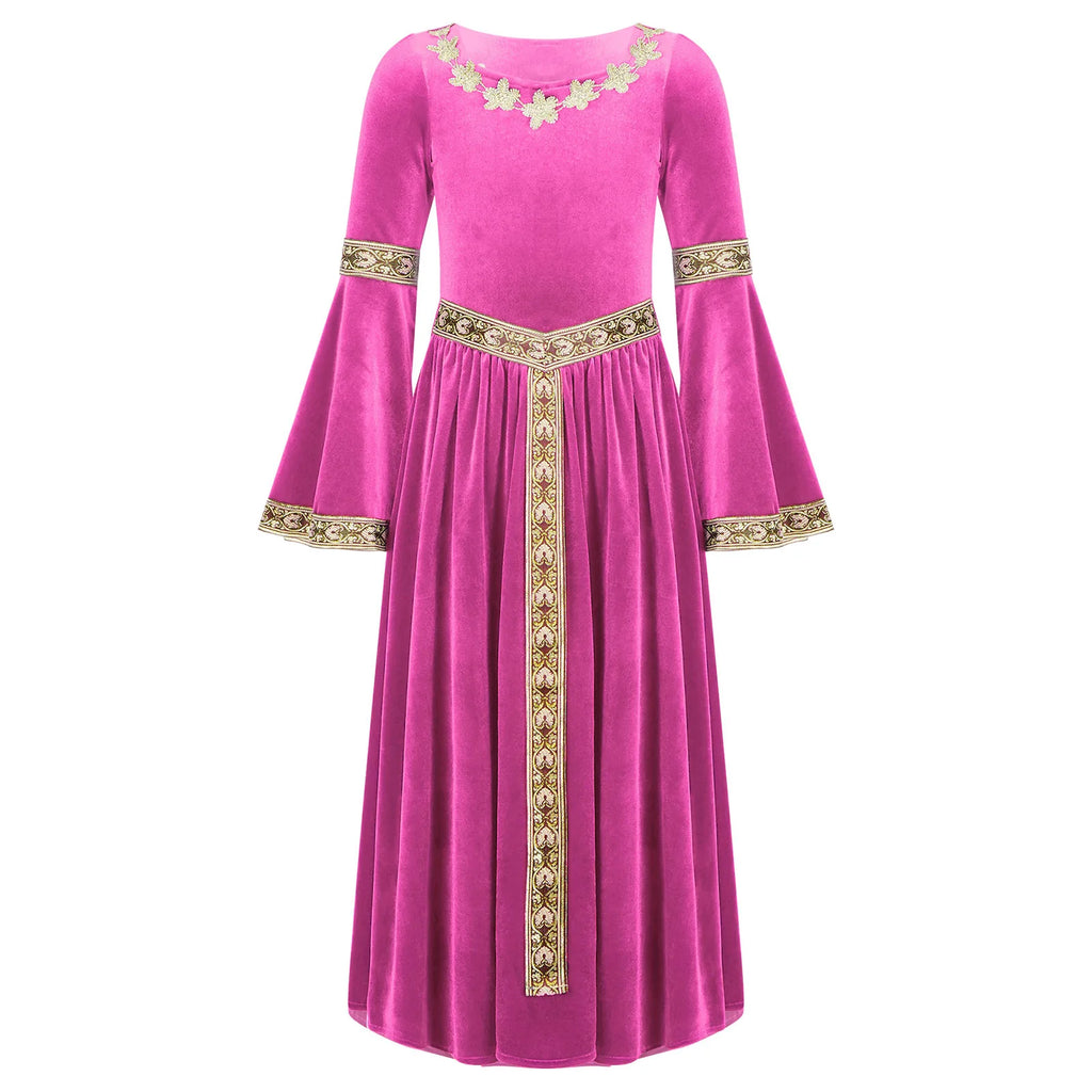 Girls Medieval Renaissance Velvet Dress Princess Queen Cosplay Costume Christmas Xmas Halloween New Year Carnival Party Dress