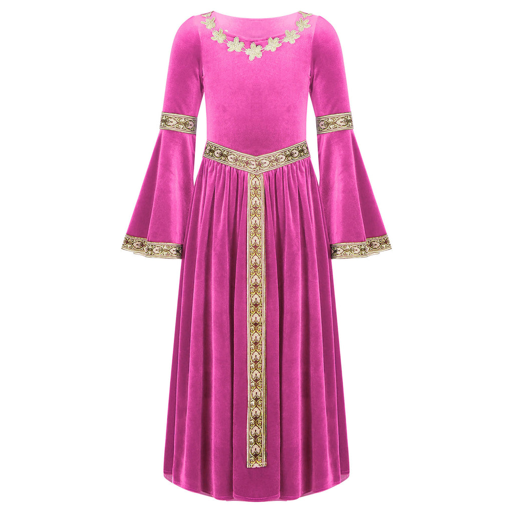 Kids Girls Medieval Renaissance Princess Costume Velvet Long Flare Sleeve Vintage Dress Gown Carnival Party Cosplay Dress Up