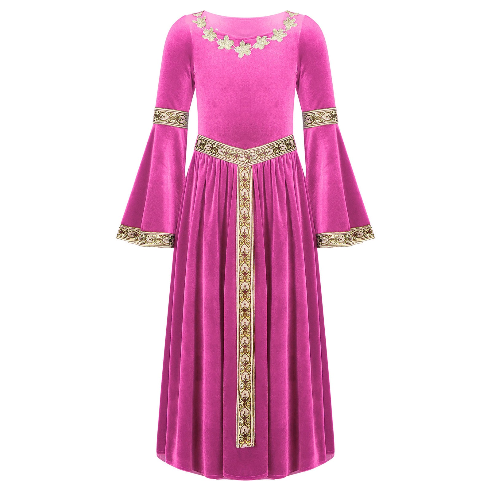 Kids Girls Medieval Renaissance Princess Costume Velvet Long Flare Sleeve Vintage Dress Gown Carnival Party Cosplay Dress Up