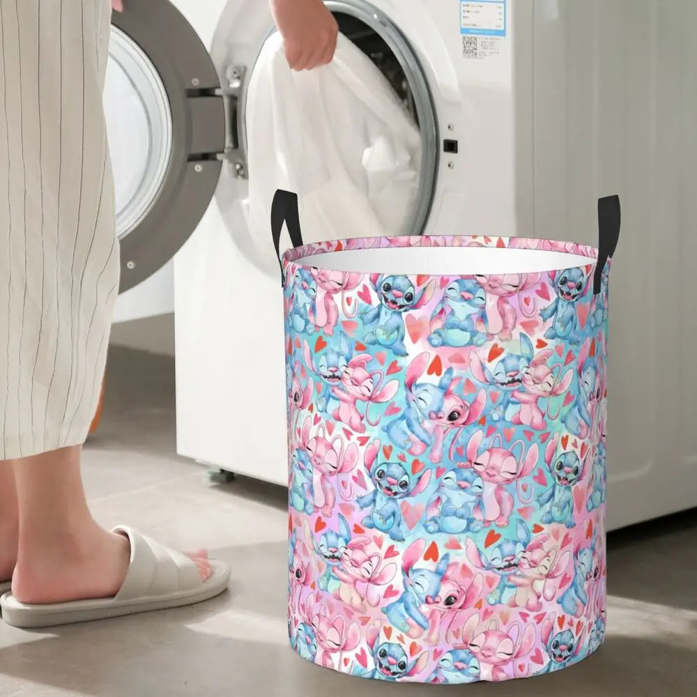 Custom Stitch Kiss Angel Love Heart Anime Laundry Hamper Large Clothes Storage Basket Toy Bin Organizer for Boy Girl