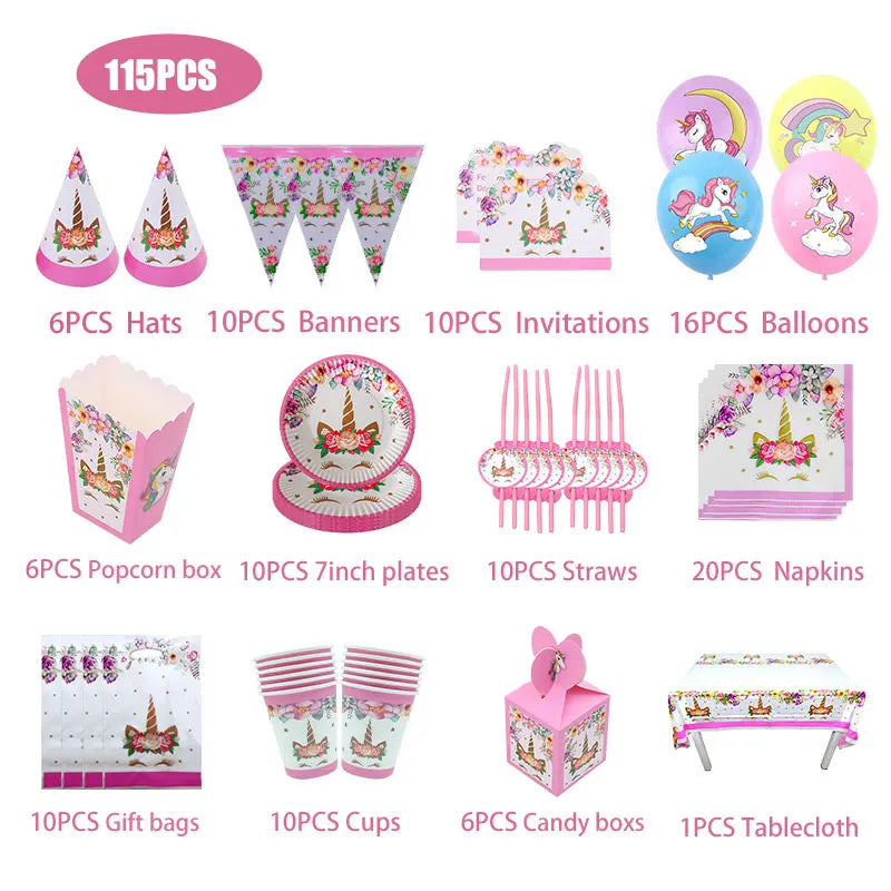 Unicorn Birthday Decoration Face Mask Gift Bags Tablecloth Unicorn Happy Birthday Balloons Candy Box Kids Birthday Party Favors