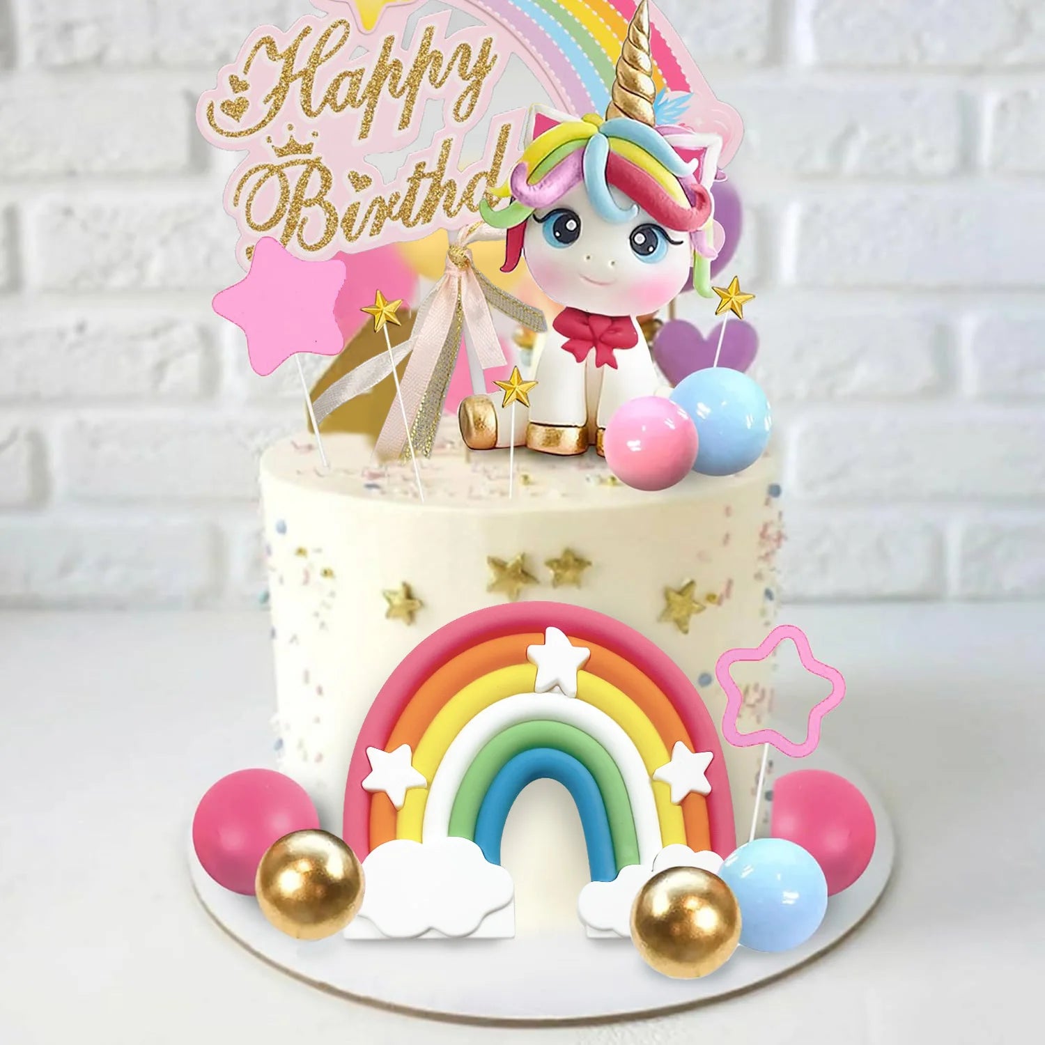 Unicorn Cake Topper Rainbow Cake Decorations with Stars Unicorn Balls Happy Birthday Cake Decorations for Ages Baby Shower