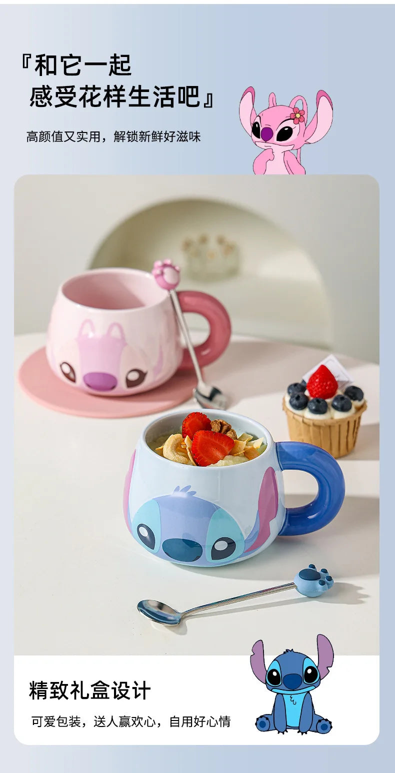 Kawaii Stitch Angel Mug Gift Box Cartoon Spoon Ceramic Cup Coffee Cup Large Capacity 500Ml Handle Water Cup Birthday Gift