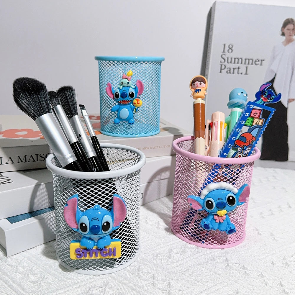 Cartoon Three-Color Stitches Metal Pen Holder Cute Stationery Storage for Study Fan Gifts Birthday