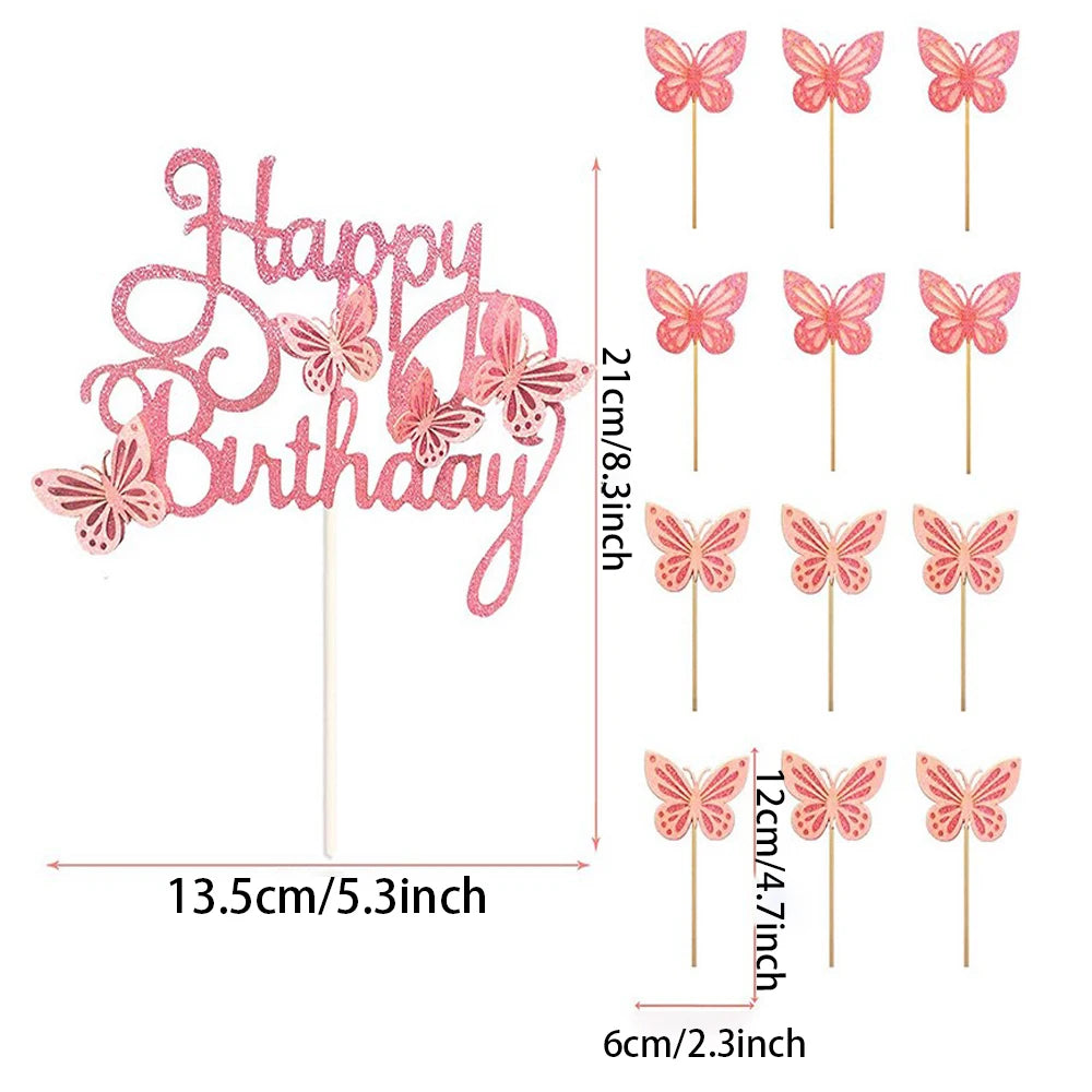 13pcs Pink Butterfly Cake Toppers Happy Birthday Cake Topper 3D Butterfly Decorations for Girls Shower Birthday Cake Decorations