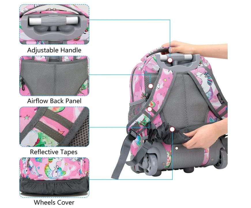 Children Rolling Backpack 16 inch Set 3 in 1 with Lunch Bag  Pencil Case for Girls Kids Travel Trolley Rolling Luggage Suitcase