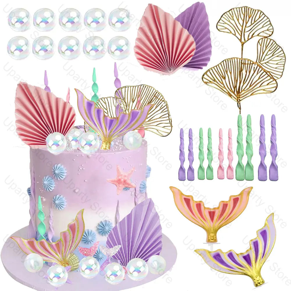 26Pcs Mermaid Birthday Cake Decoration Pink Purple Cake Balls Seashell Memail Tail Cake Toppers for Birthday Baby Shower Favor