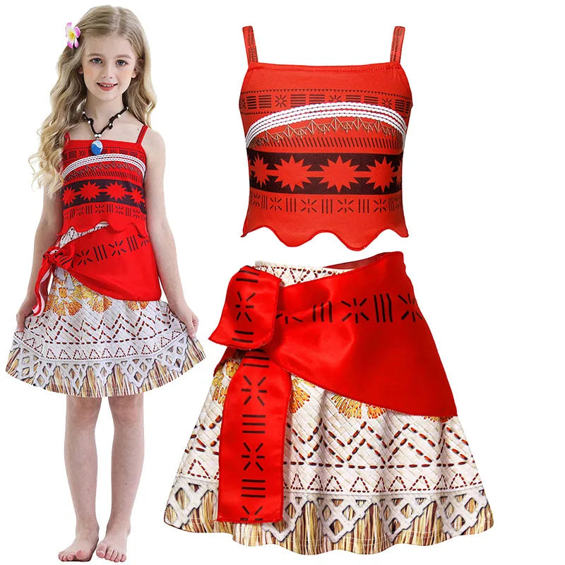 Moana New Dress Girls Princess Clothes Kids Dress Up Vaiana Necklace Pig Chick Children Carnival Party Summer Costume Set 2-10T