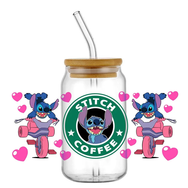 Miniso Stitch 16oz UV DTF Cup Wrap Cartoon Transfers Libbey Wrap Tumbler DIY Logo Sticker Glass Can Selfadhesive Waterproof