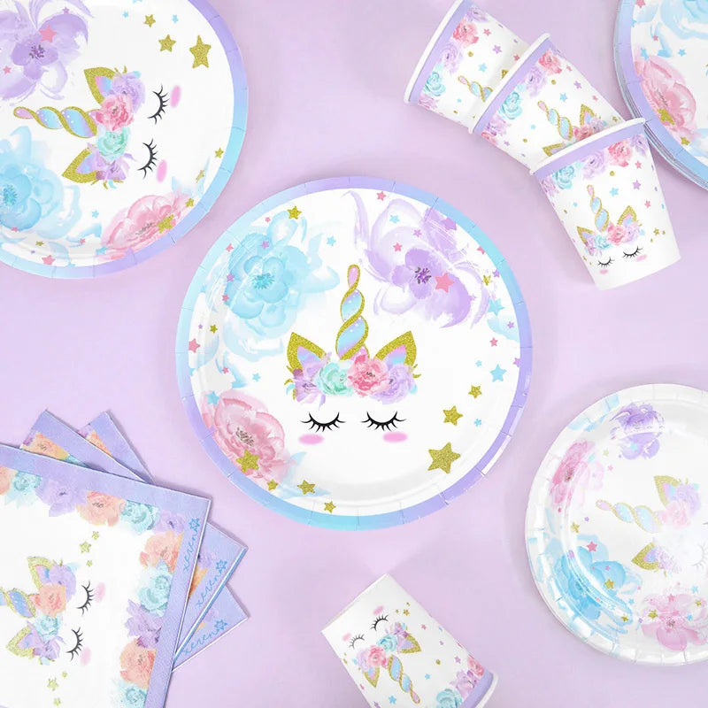 48Pcs/Set Unicorn Theme Birthday Disposable Tableware Set Paper Plates Napkins Cups Birthday Party Decoration Kids Favors Gift