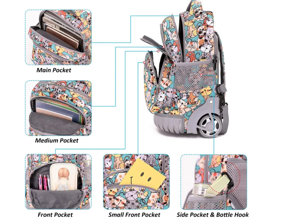 Children Rolling Backpack 16 inch Set 3 in 1 with Lunch Bag  Pencil Case for Girls Kids Travel Trolley Rolling Luggage Suitcase