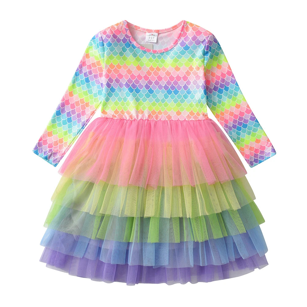 DXTON Autumn Princess Dress Mermaid Children Birthday Party Girls Dress Irregular Layered Prom Kids Long Sleeve Costumes 3-8Y