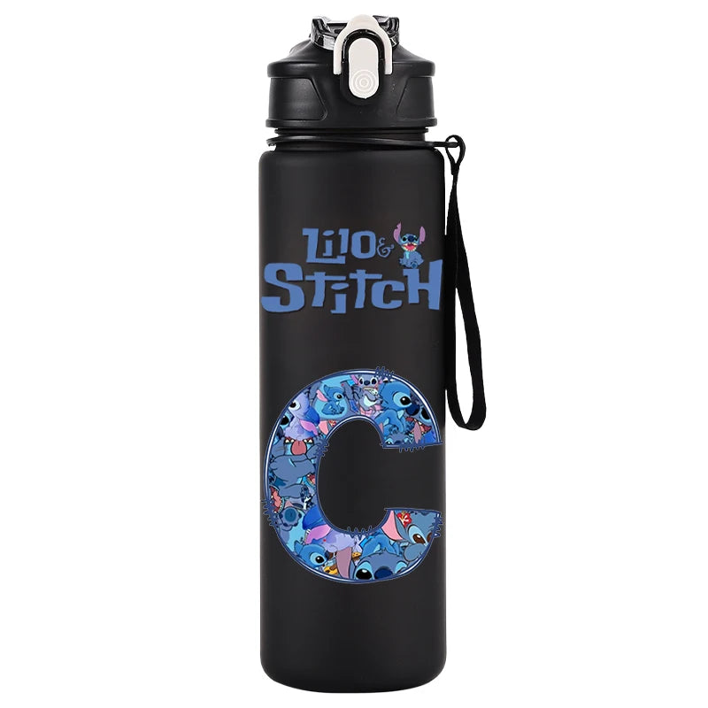 750ml Water Bottle Letter A-Z Printed Lilo Stitch Black Large Capacity Drinking Cup Portable Outdoor Sport Water Cup Kid Gifts