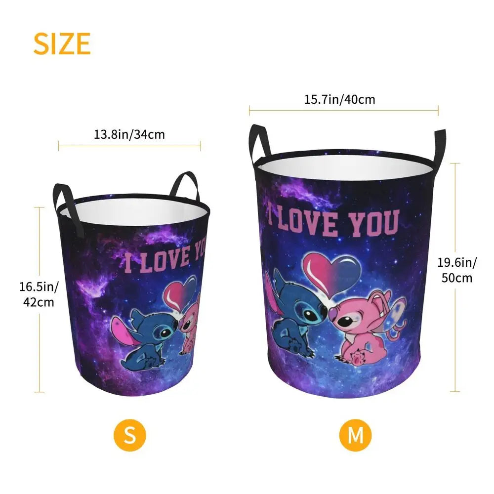 Custom Stitch Kiss Angel Love Heart Anime Laundry Hamper Large Clothes Storage Basket Toy Bin Organizer for Boy Girl