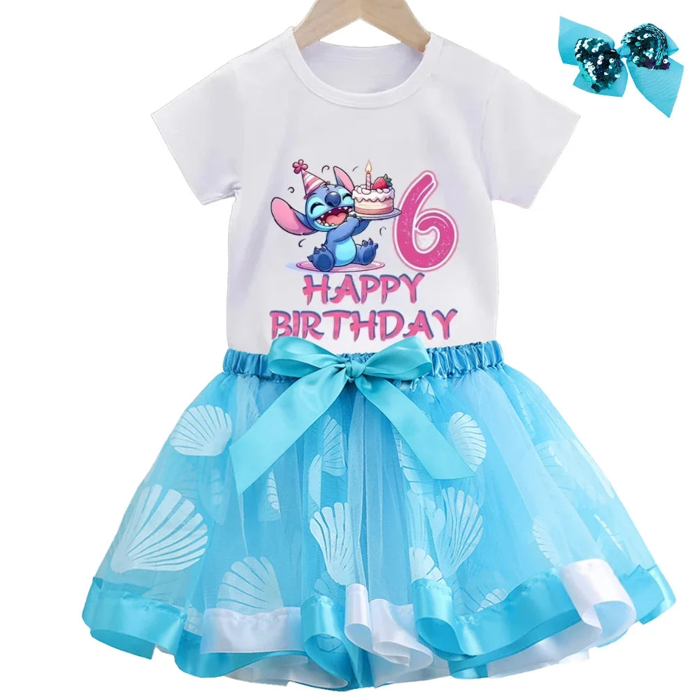 Lilo&Stitch Baby Girls Dress Sets Clothes Kids Cute Number Printed T-shirt+Skirt 2pcs Children Princess Birthday Party Costumes