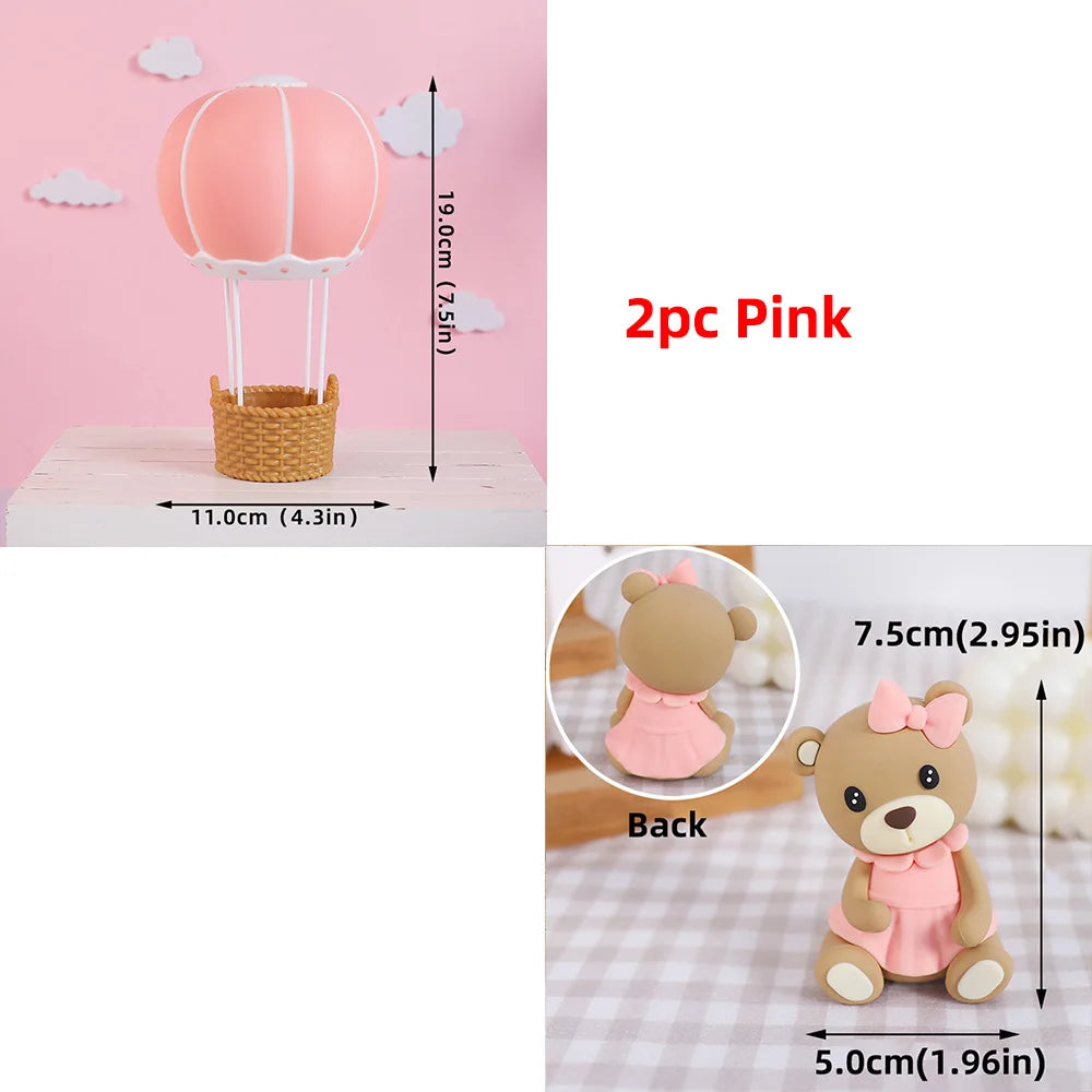 Bear Cake Toppers for Boy or Girl Baby Shower Children's Birthday Party Decoration Hot Air Balloon Cake Topper Pink Blue Green