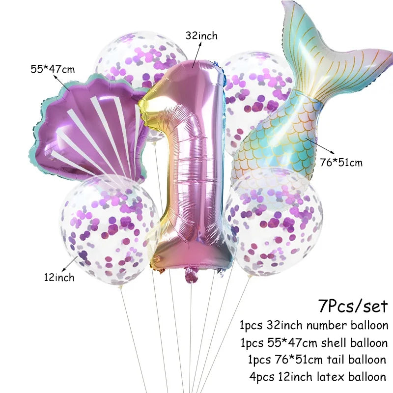 7pcs Little Mermaid Party Balloons 32inch Number Foil Balloon Kids Birthday Party Decoration Supplies Baby Shower Decor Globos